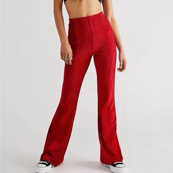 Free People Slim Pull-On Velvet Flare Pants Red XS NWOT - Picture 2 of 5